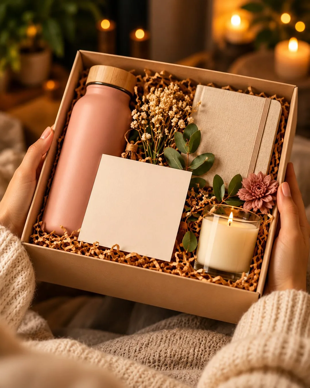 An open gift box with a bottle, a notebook and a lit candle nestled inside, in warm light