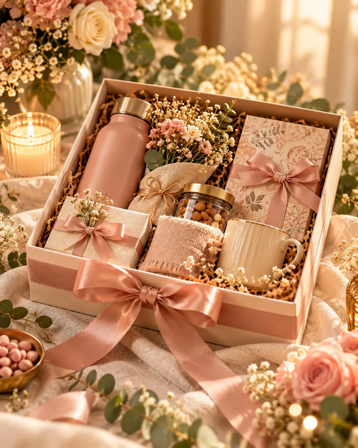 A blush pink gift box with a bottle, a mug and flowers, tied with a satin ribbon