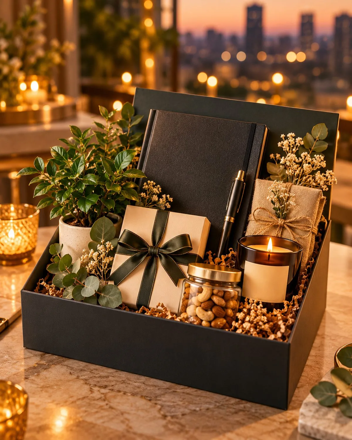 A black gift box with a notebook, a pen, a candle and a ribboned gift, with city lights behind