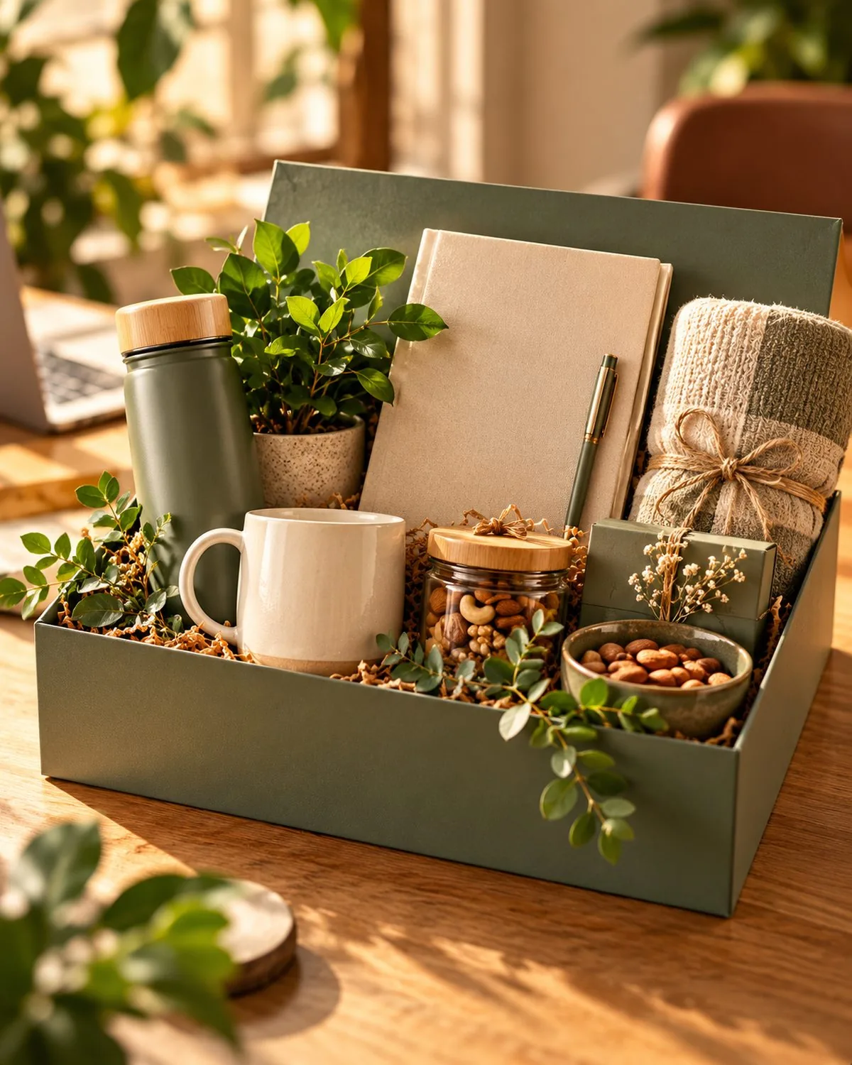 A green welcome kit with a bottle, a notebook, a mug, a small plant and nuts on a sunlit desk